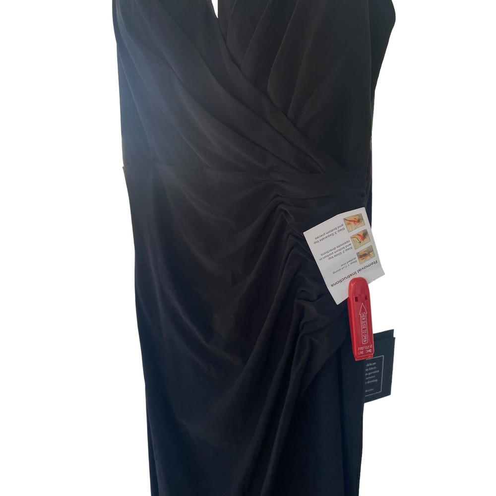 Mac Duggal Pearl Crystal Strap V Neck Front Slit Gown Black 2 - Picture 6 of 7
